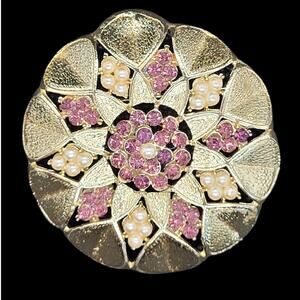 Dreamy 1960s Floral Starburst Brooch Gold Tone Purple Rhinestone Pearl Glow